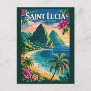 Saint Lucia Pitons Illustration Travel Art Vintage Postcard