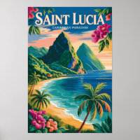 Saint Lucia Pitons Illustration Travel Art Vintage