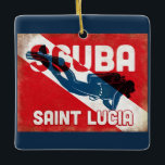Saint Lucia Scuba Diver - Blue Retro Ceramic Ornament<br><div class="desc">Saint Lucia Caribbean scuba diving design. A vintage style retro red scuba flag background with navy blue scuba diver.</div>