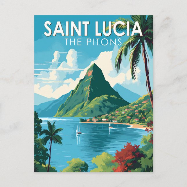Saint Lucia The Pitons Travel Art Vintage Postcard (Front)