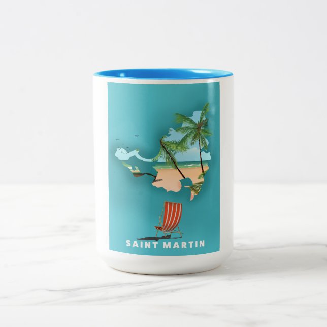 Saint Martin Illustrated map. Two-Tone Coffee Mug (Center)