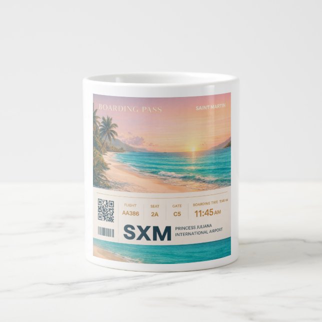Saint Martin SXM Boarding Pass Sunset Large Coffee Mug (Front)