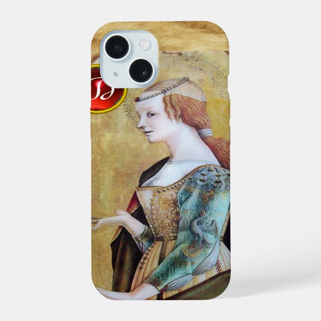 SAINT MARY MAGDALENE Parchment Ruby Gem Monogram iPhone 15 Case (Back)