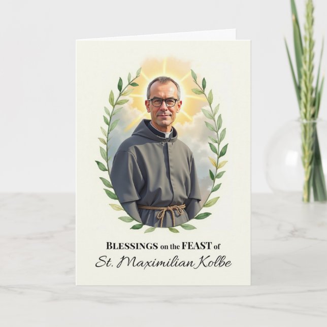 Saint Maximilian Kolby Feast Day Blessings Wreath Card (Front)