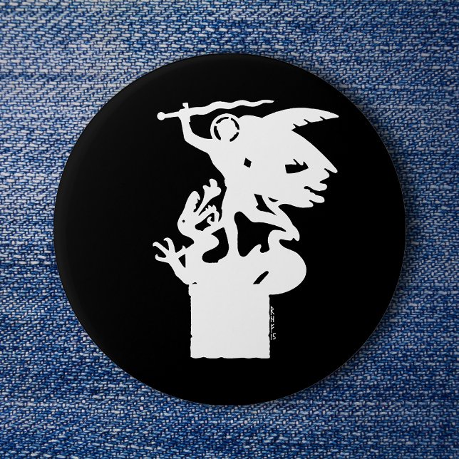 Saint Michael and Dragon (in White) 3 Inch Round Button (Saint Michael and Dragon (in White) Button on Denim)