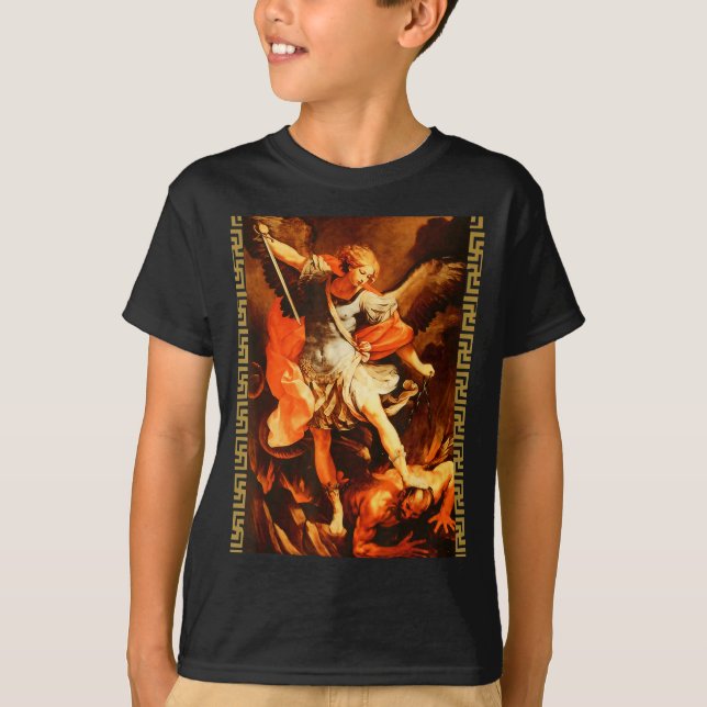 Saint Michael Defeating Satan Archangel Warrior  T-Shirt (Front)
