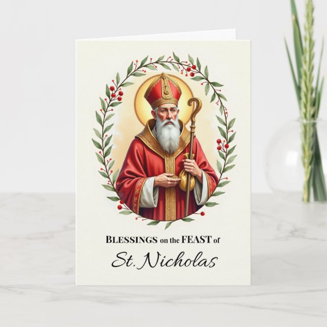 Saint Nicholas Feast Day Blessings Holly Wreath Card (Front)