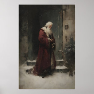Saint Nicholas Santa Claus Near Door In Snowfall Poster