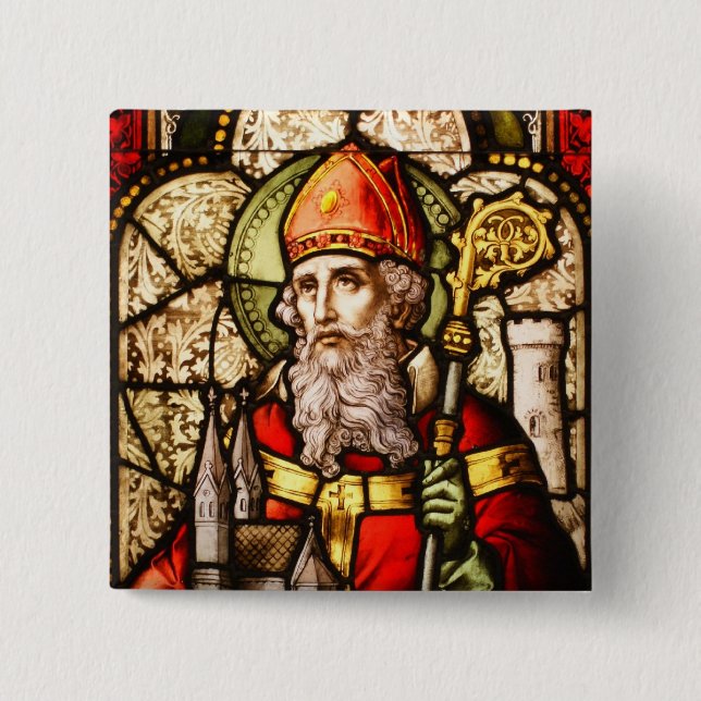 Saint Patrick Image on Stained Glass 2 Inch Square Button (Front)