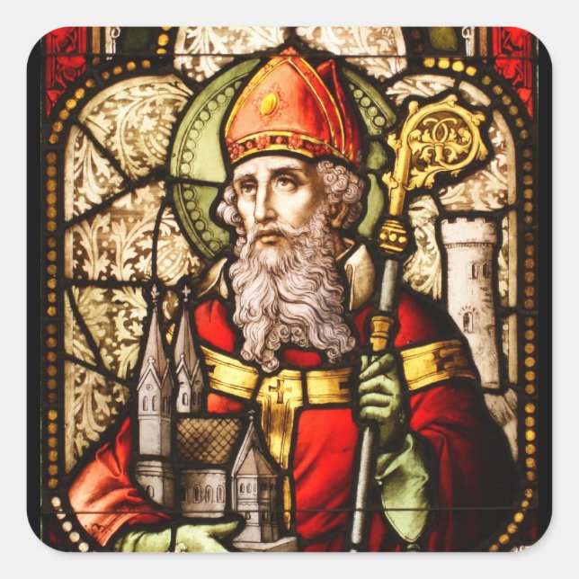 Saint Patrick Image on Stained Glass Square Sticker (Front)