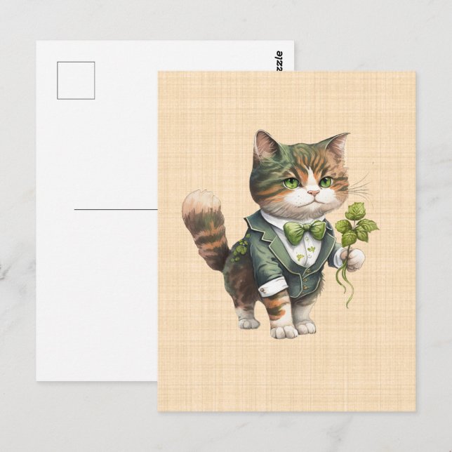 Saint Patrick: Lucky cat in suit Postcard (Front/Back)