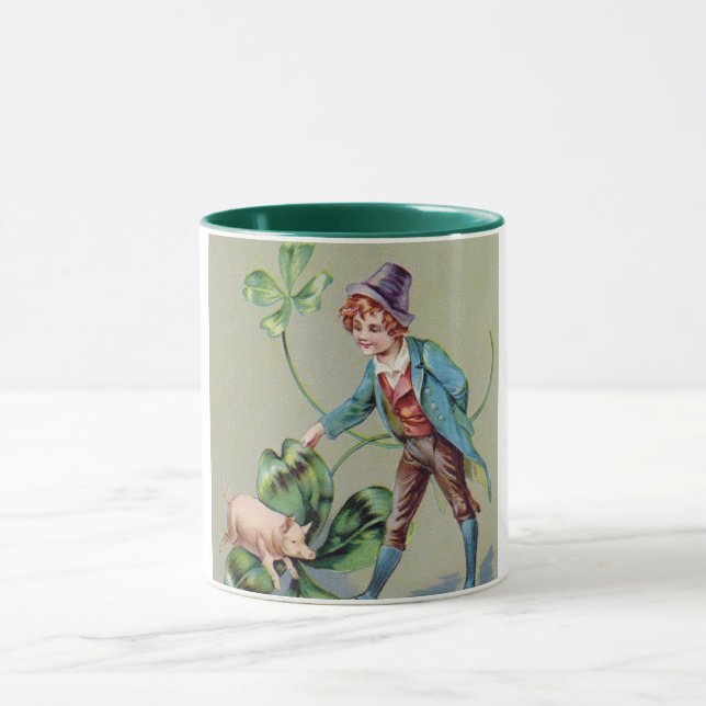 Saint Patrick's Day Boy & Lucky Pig, Vintage Mug (Center)