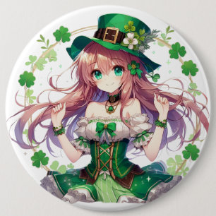 Saint Patrick's Day clover anime girl 6 Inch Round Button