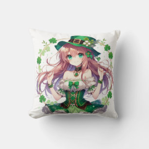 Saint Patrick's Day clover anime girl Throw Pillow
