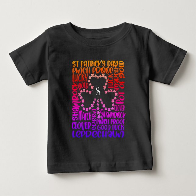 Saint Patricks Day Clover Leaf Initial Baby T-Shirt (Front)