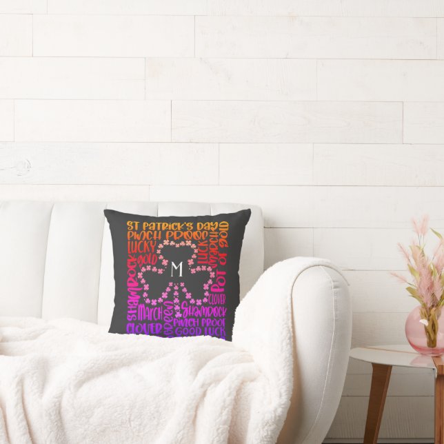 Saint Patricks Day Clover Leaf Initial Throw Pillow (Couch)