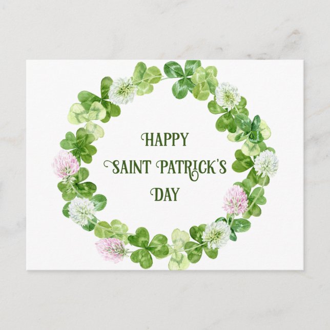 Saint Patricks Day Clover Watercolor Wreath Postcard (Front)