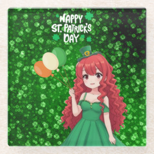Saint Patrick's day cute, Irish anime lass Glass Coaster