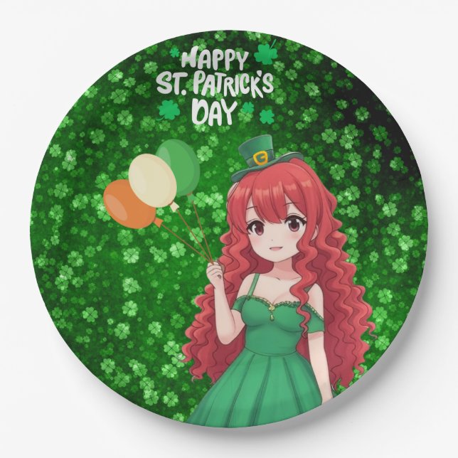  Saint Patrick's day cute, Irish anime lass  Paper Plate (Front)