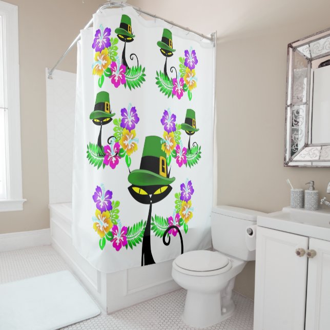 Saint Patrick's Day Douche Rideau Chat Floral (En situation)