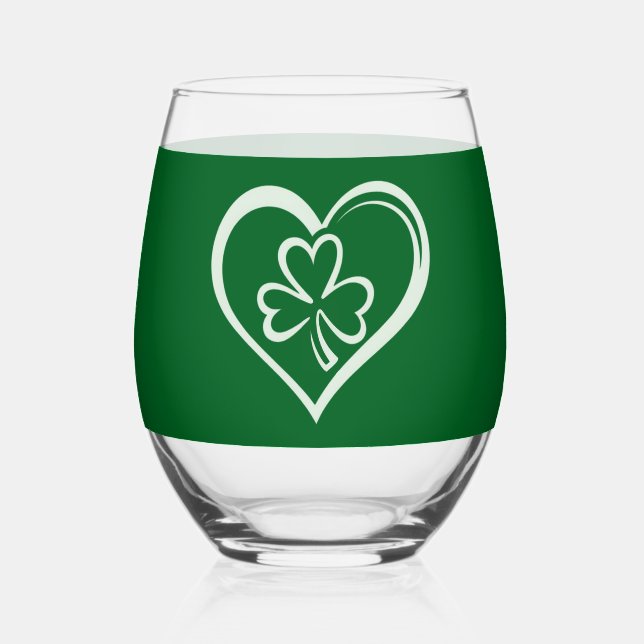 Saint Patrick's Day Funny Shamrock Heart Irish  Stemless Wine Glass (Back)