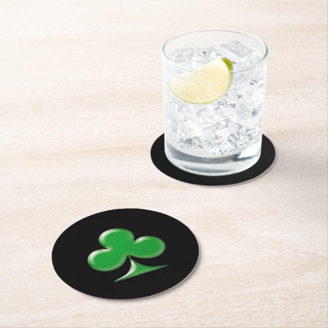 Saint Patrick's Day Green black Clover Shamrock  Round Paper Coaster (Insitu)