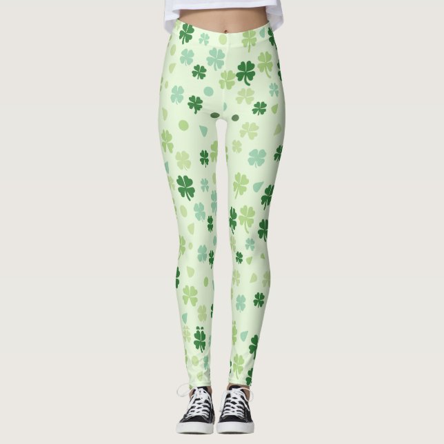 Saint Patricks day Green Cover Shamrocks Pattern Leggings (Front)