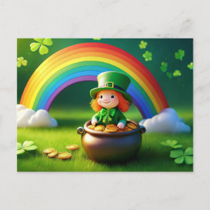 Saint Patrick's Day Leprechaun in Pot of Gold Postcard