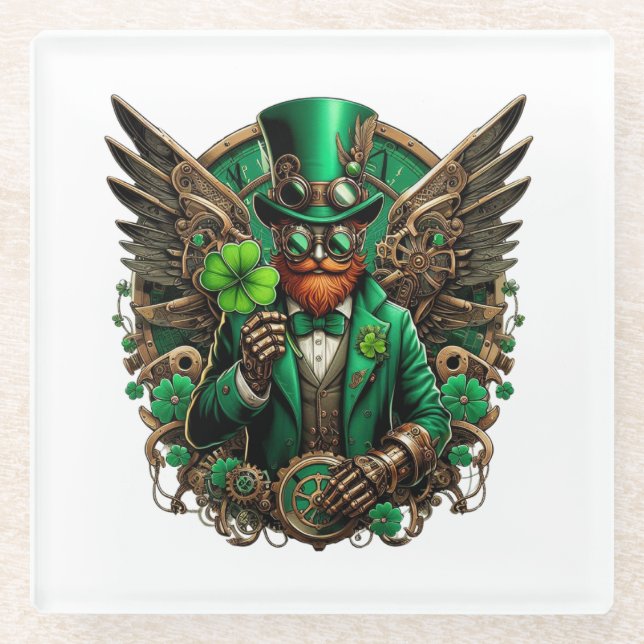 Saint Patrick's Day steampunk clover Glass Coaster (Front)