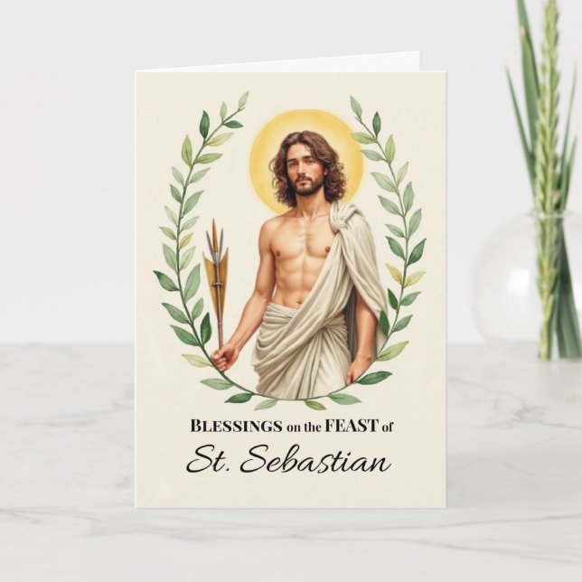 Saint Sebastian Feast Day Blessings Leafy Wreath Card (Front)