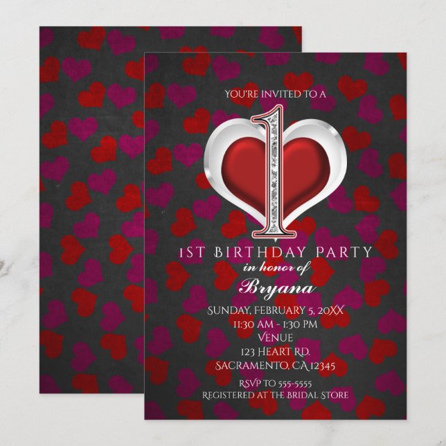 Saint Valentin Coeurs 1er anniversaire Invitations (Devant / Derrière)