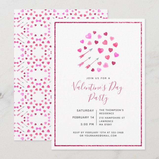 Saint Valentin Coeurs et flèches roses Invitation (Devant / Derrière)