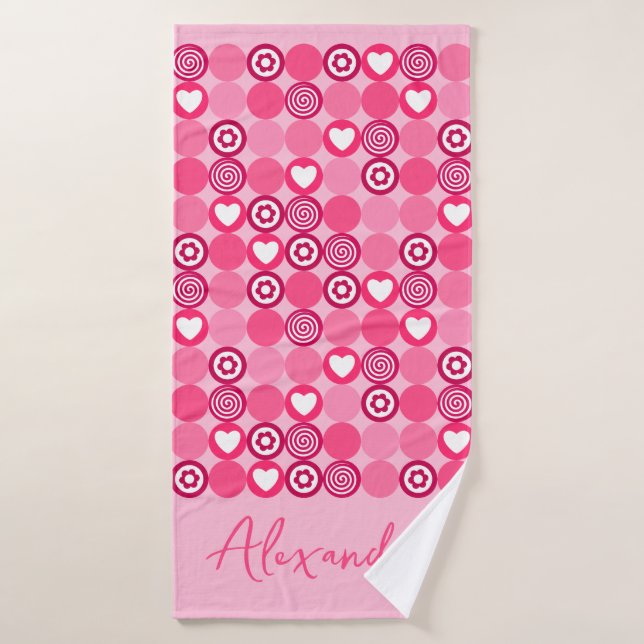 Saint-Valentin Motif Cœur Rose et Fleur Nom (Serviette de bain)
