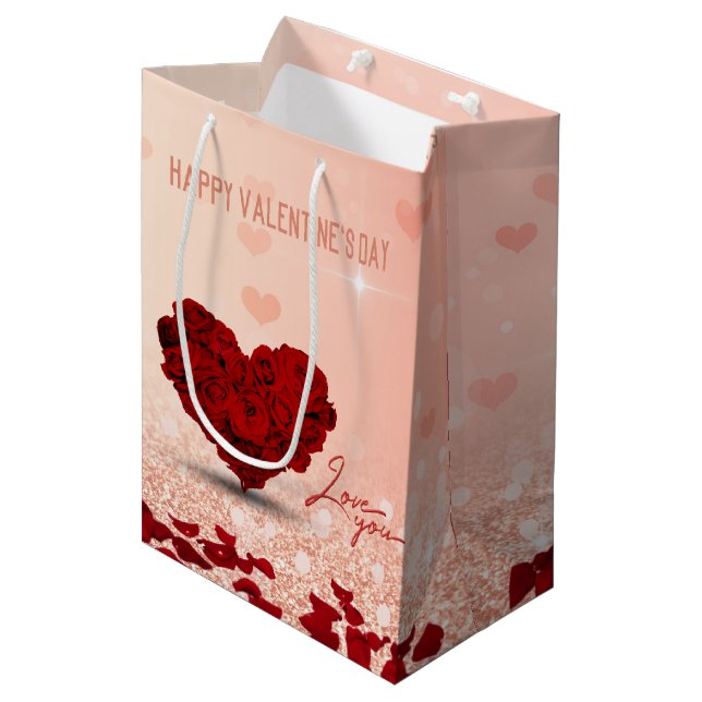 Saint Valentin Rose Bouquet de coeur moyen sac cad (Devant Angle)