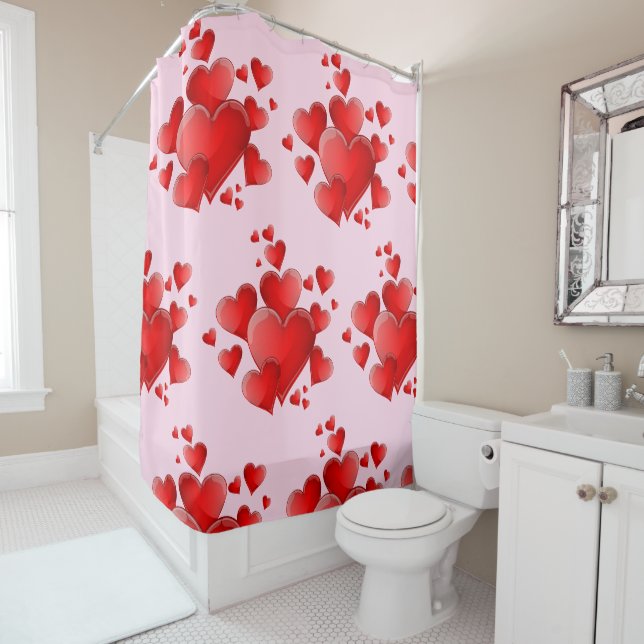 Saint Valentin Rouge Coeurs Douche Rideau (En situation)