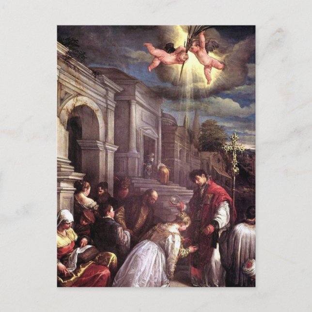 Saint Valentine baptizing Saint Lucilla postcard (Front)