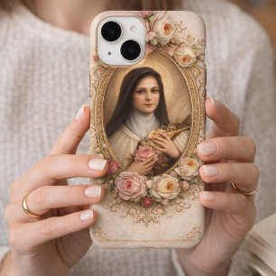 Sainte Thérèse la Petite Fleur avec des roses rose