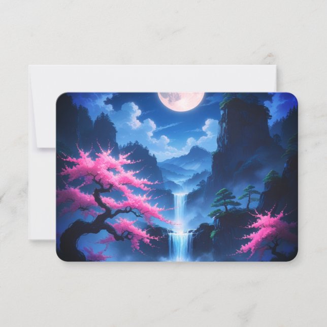 Sakora tree -Moonlit Waterfall with Cherry-nature RSVP Card (Front)