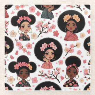Sakura and Puffs - black girls with afro puffs Glass Coaster