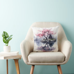 Sakura Blooming over Lake Throw Pillow
