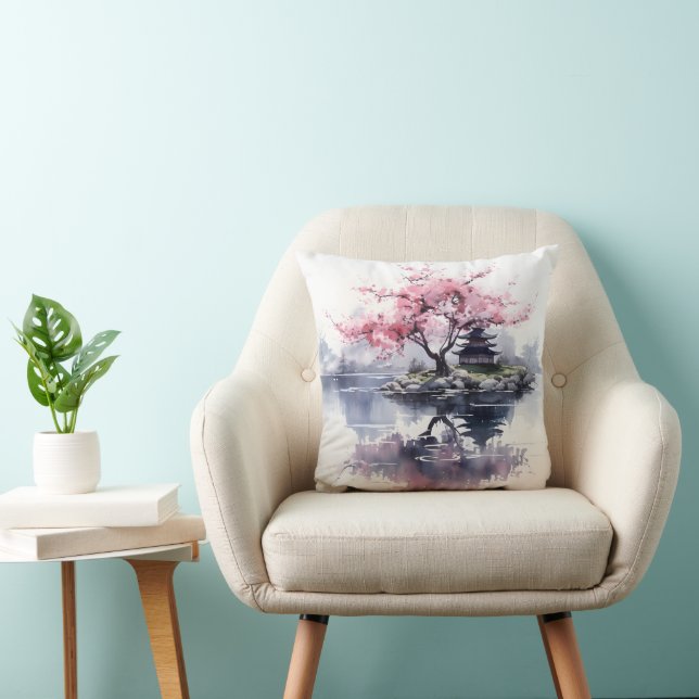 Sakura Blooming over Lake Throw Pillow (Chair)