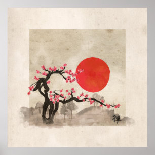 Sakura Blossom Landscape Zen hieroglyph Poster