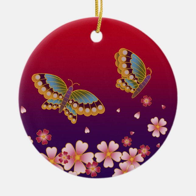 Sakura Blossoms Red & Purple Personalized Gift Ceramic Ornament (Front)