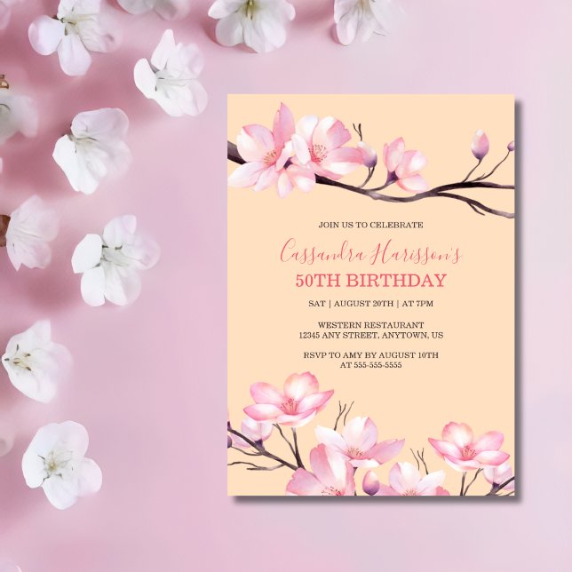 Sakura Blush Pink Cherry Blossom Peach Birthday Invitation (Creator Uploaded)