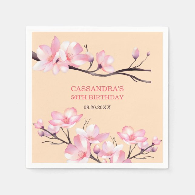 Sakura Blush Pink Cherry Blossom Peach Birthday Napkin (Front)