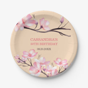 Sakura Blush Pink Cherry Blossom Peach Birthday Paper Plate