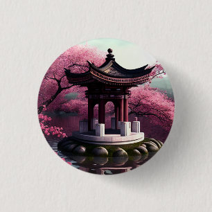 Sakura Cherry Blossom Garden Shrine Pond Japanese 1 Inch Round Button