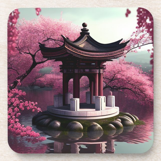 Sakura Cherry Blossom Garden Shrine Pond Japanese Coaster (Front)