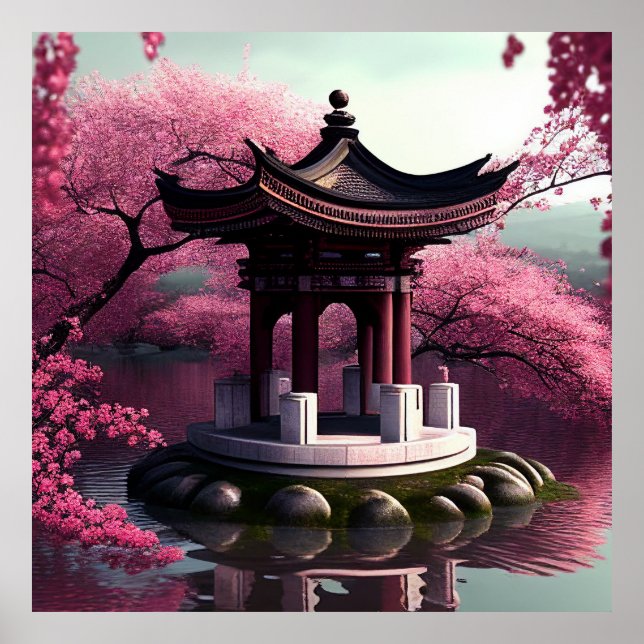 Sakura Cherry Blossom Garden Shrine Pond Japanese Poster (Front)