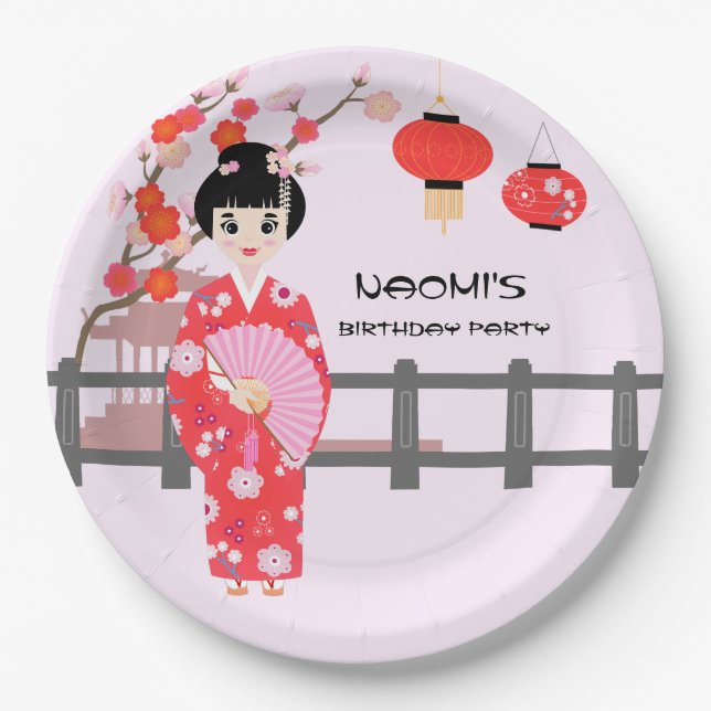 Sakura Cherry Blossom Japanese Girl Birthday Party Paper Plate (Front)